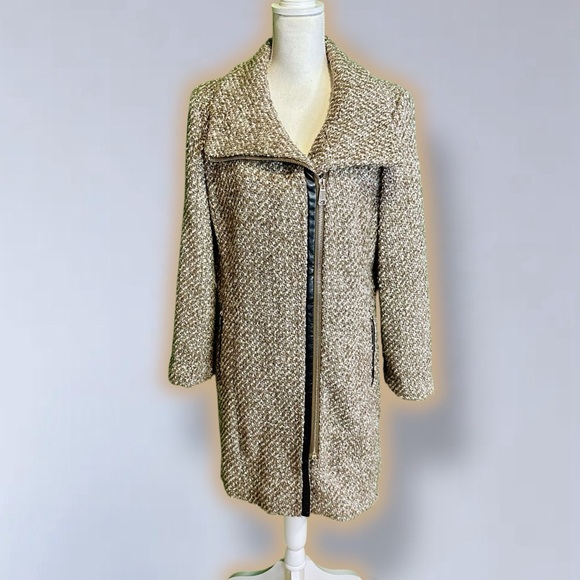 Calvin Klein Women’s Brown Tweed Wool Blend Asymmetrical ‘Walker’ Coat Size L - Picture 2 of 16